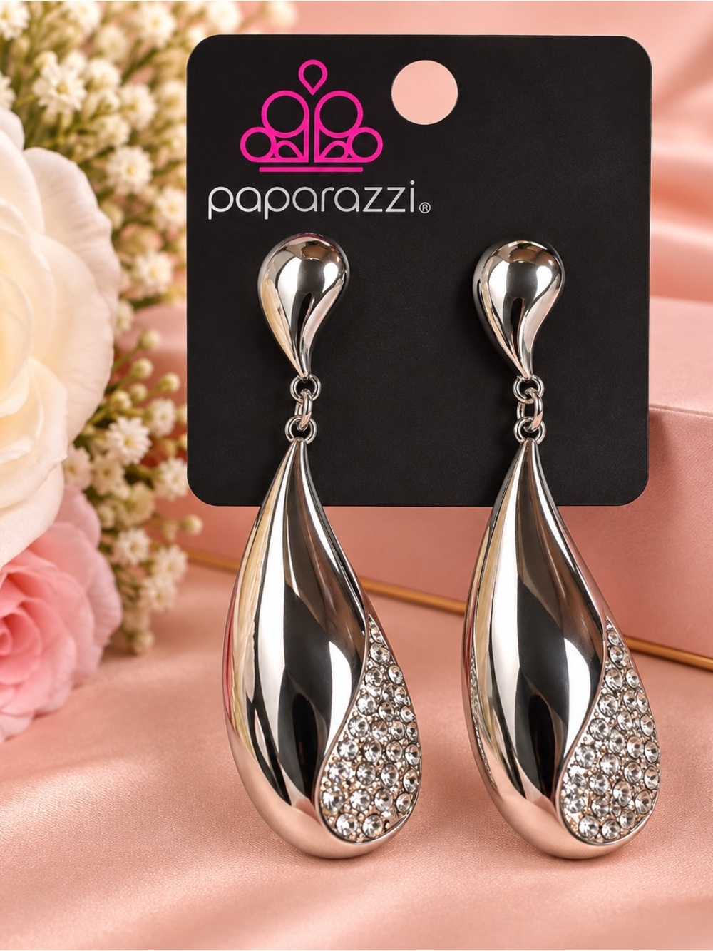 paparazzi Silver Teardrop Crystal-Embellished Dangle Earrings